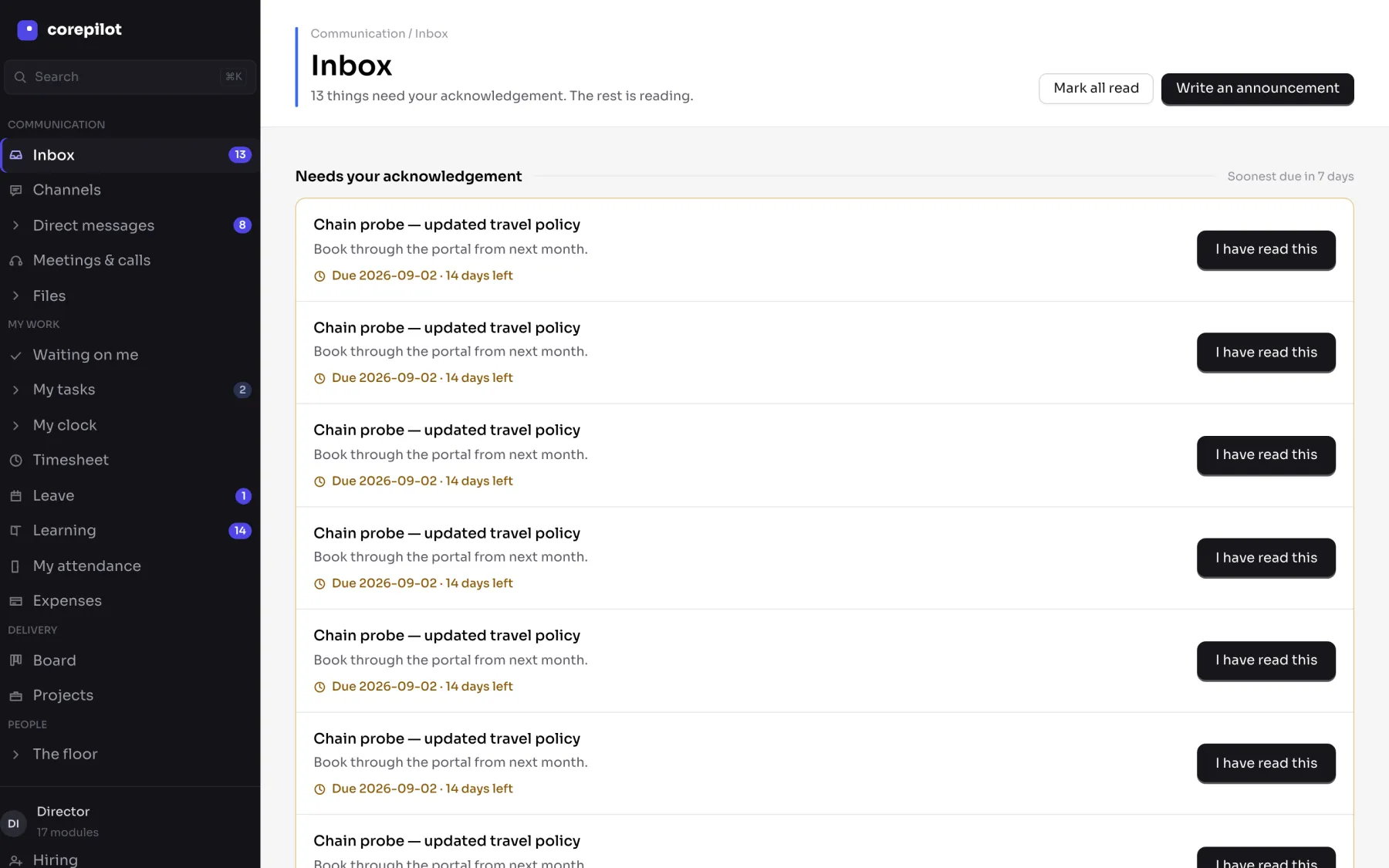 One inbox showing what is waiting on you across every module