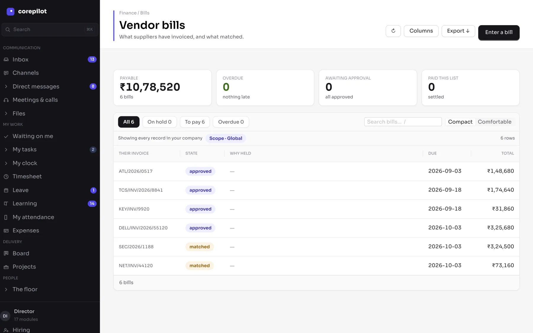 Vendor bills matched to orders
